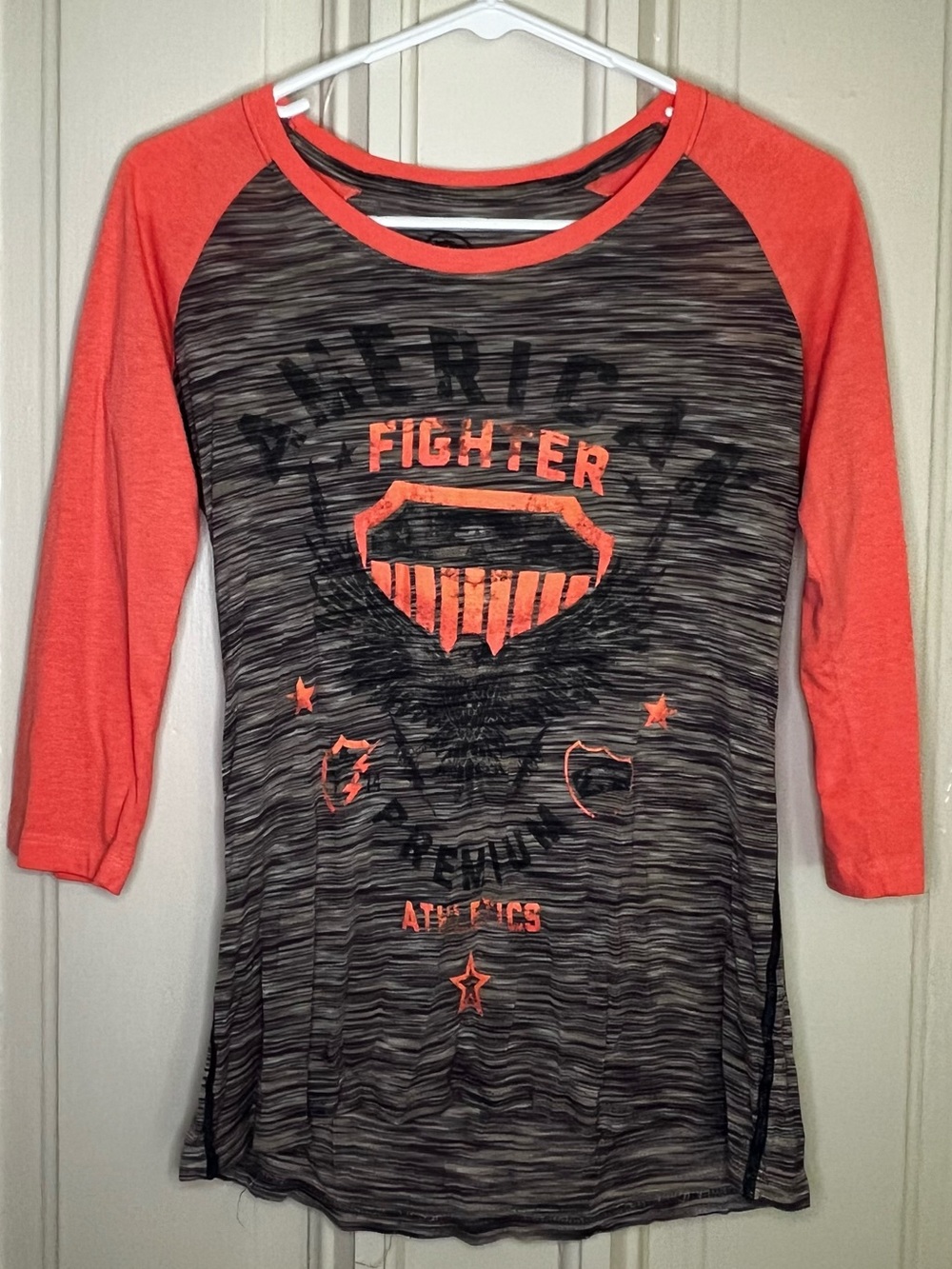 American Fighter Grey Space-Dye Tee with Coral Raglan Sleeves